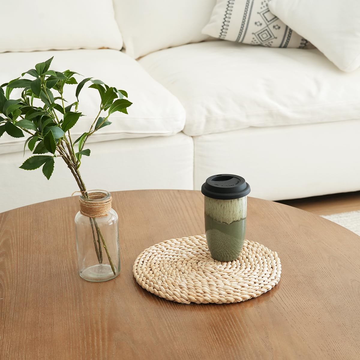 Ceramic Travel Coffee Cup with Lid, 16 Oz, Portable Coffee Mug for Car Cup Holder, Microwave and Dishwasher Safe, Reactive Glaze (Pale Green, 16 Oz)