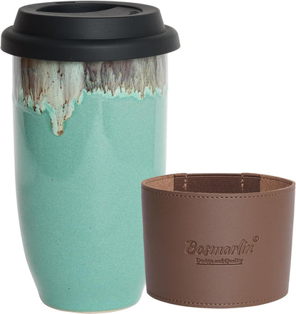 Ceramic Travel Coffee Cup with Lid, 16 Oz, Portable Coffee Mug for Car Cup Holder, Microwave and Dishwasher Safe, Reactive Glaze (Pale Green, 16 Oz)