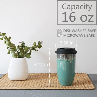 Ceramic Travel Coffee Cup with Lid, 16 Oz, Portable Coffee Mug for Car Cup Holder, Microwave and Dishwasher Safe, Reactive Glaze (Pale Green, 16 Oz)
