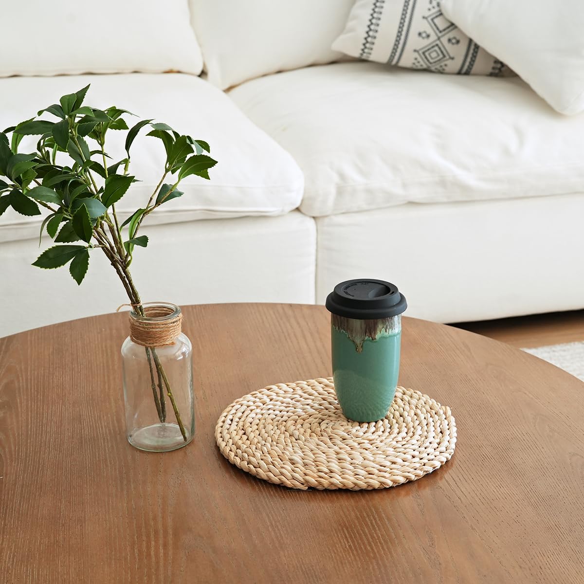 Ceramic Travel Coffee Cup with Lid, 16 Oz, Portable Coffee Mug for Car Cup Holder, Microwave and Dishwasher Safe, Reactive Glaze (Pale Green, 16 Oz)
