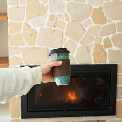 Ceramic Travel Coffee Cup with Lid, 16 Oz, Portable Coffee Mug for Car Cup Holder, Microwave and Dishwasher Safe, Reactive Glaze (Pale Green, 16 Oz)
