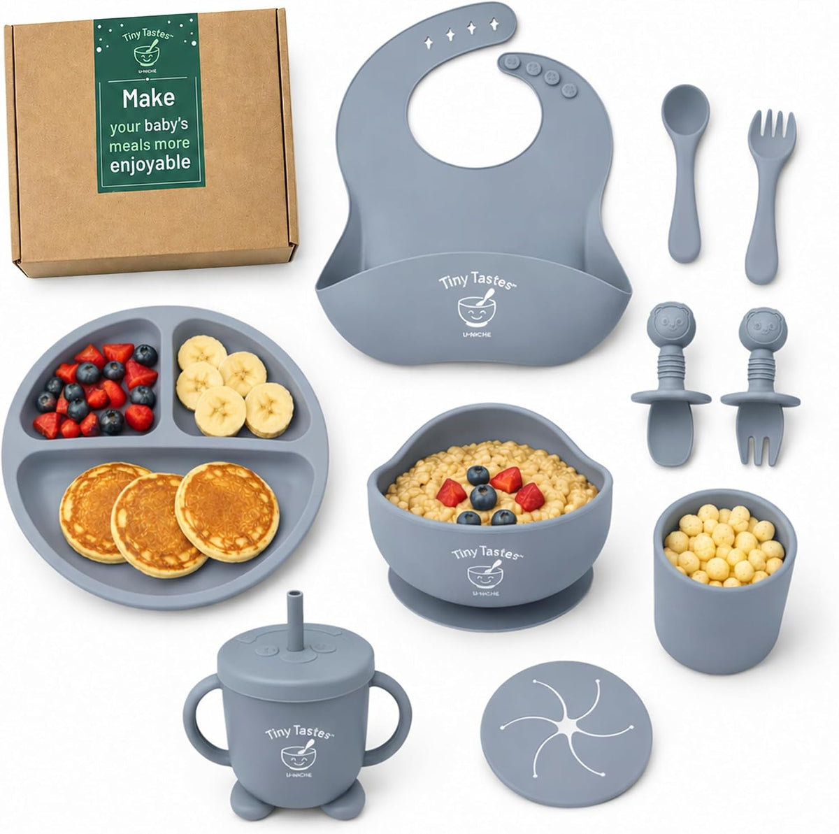10-Piece Silicone Baby Feeding Set – Baby Led Weaning Supplies with Suction Plate & Bowl, Adjustable Bib, Snack Cup, Spoons & Fork, BPA-Free Baby Feeding Essentials for Toddlers