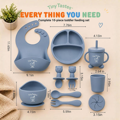10-Piece Silicone Baby Feeding Set – Baby Led Weaning Supplies with Suction Plate & Bowl, Adjustable Bib, Snack Cup, Spoons & Fork, BPA-Free Baby Feeding Essentials for Toddlers