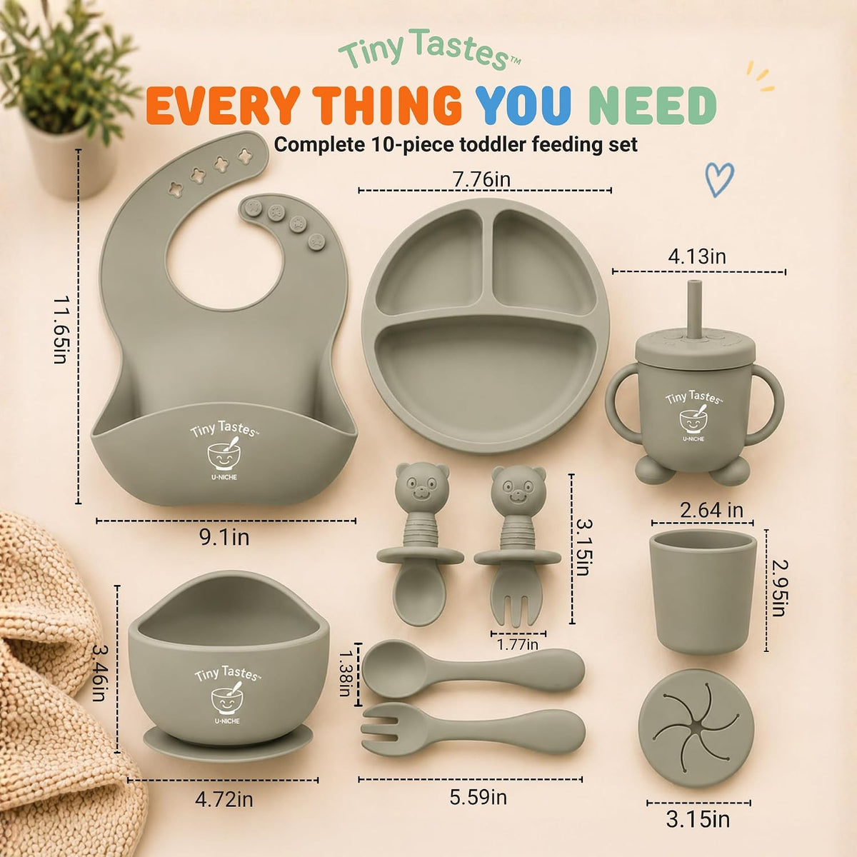 10-Piece Silicone Baby Feeding Set – Baby Led Weaning Supplies with Suction Plate & Bowl, Adjustable Bib, Snack Cup, Spoons & Fork, BPA-Free Baby Feeding Essentials for Toddlers