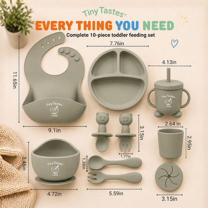 10-Piece Silicone Baby Feeding Set – Baby Led Weaning Supplies with Suction Plate & Bowl, Adjustable Bib, Snack Cup, Spoons & Fork, BPA-Free Baby Feeding Essentials for Toddlers