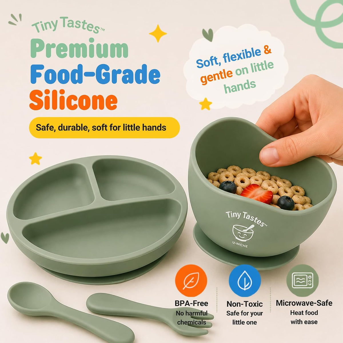 10-Piece Silicone Baby Feeding Set – Baby Led Weaning Supplies with Suction Plate & Bowl, Adjustable Bib, Snack Cup, Spoons & Fork, BPA-Free Baby Feeding Essentials for Toddlers