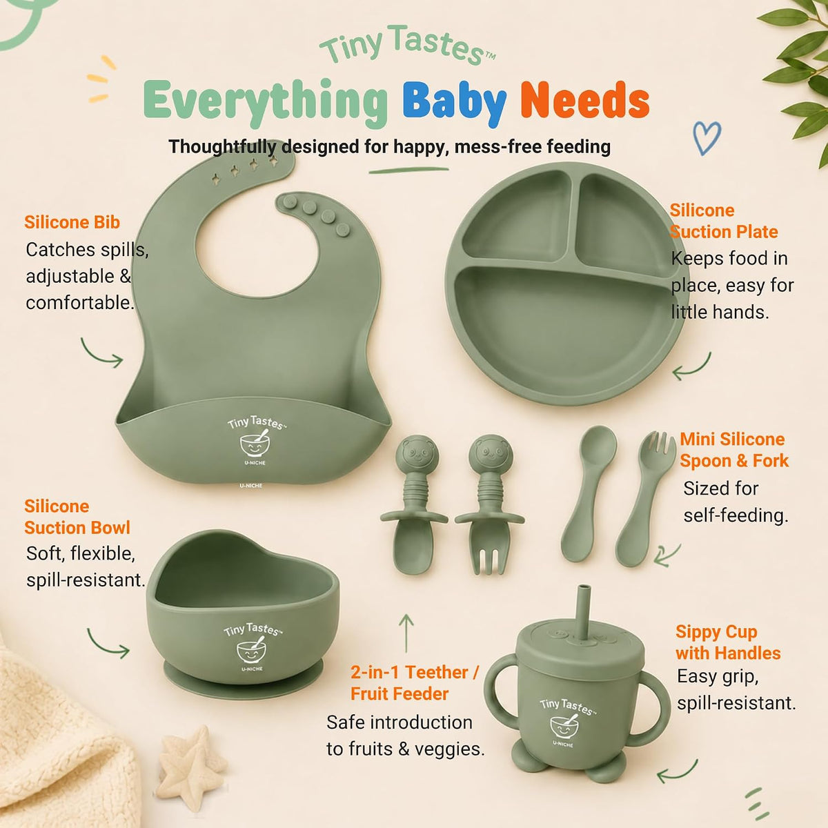 10-Piece Silicone Baby Feeding Set – Baby Led Weaning Supplies with Suction Plate & Bowl, Adjustable Bib, Snack Cup, Spoons & Fork, BPA-Free Baby Feeding Essentials for Toddlers
