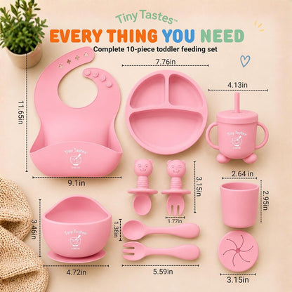 10-Piece Silicone Baby Feeding Set – Baby Led Weaning Supplies with Suction Plate & Bowl, Adjustable Bib, Snack Cup, Spoons & Fork, BPA-Free Baby Feeding Essentials for Toddlers