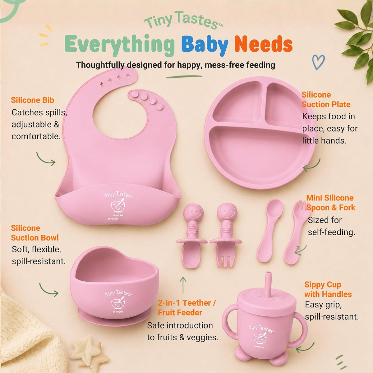10-Piece Silicone Baby Feeding Set – Baby Led Weaning Supplies with Suction Plate & Bowl, Adjustable Bib, Snack Cup, Spoons & Fork, BPA-Free Baby Feeding Essentials for Toddlers