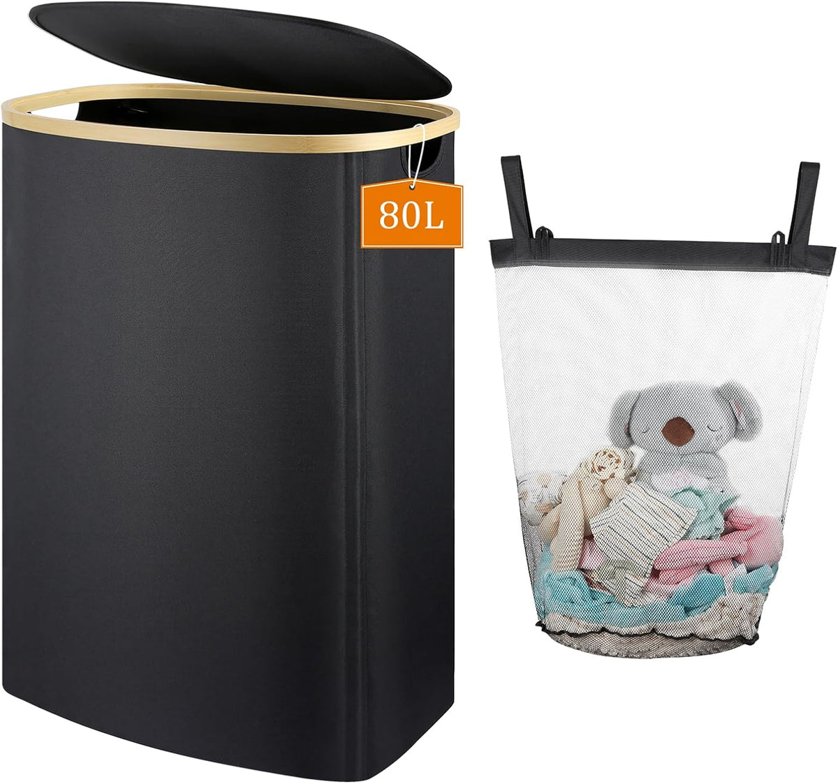 Slim Laundry Basket with Lid, 80L Narrow Laundry Hamper with Removable Bag, Clothes Hampers for Laundry with Bamboo Handles for Bathroom, Bedroom, Dorm & Laundry Room