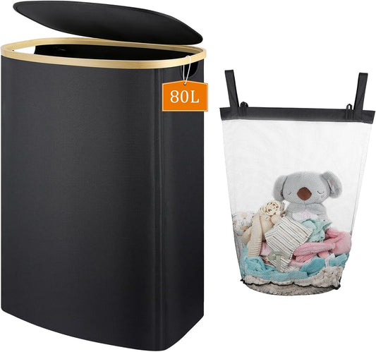 Slim Laundry Basket with Lid, 80L Narrow Laundry Hamper with Removable Bag, Clothes Hampers for Laundry with Bamboo Handles for Bathroom, Bedroom, Dorm & Laundry Room