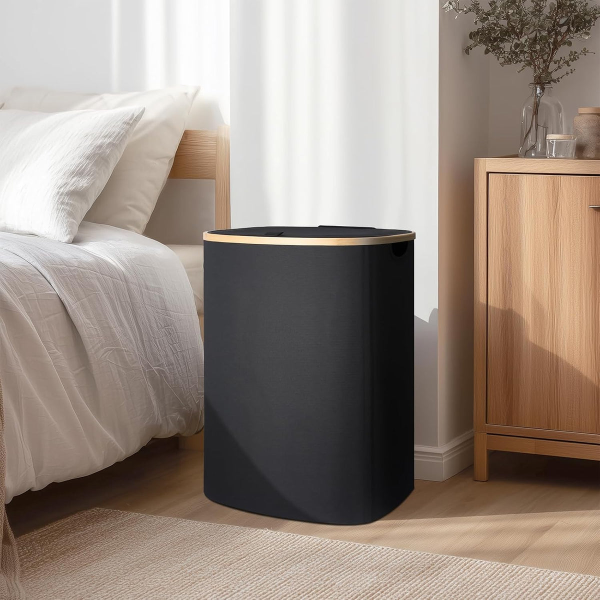 Slim Laundry Basket with Lid, 80L Narrow Laundry Hamper with Removable Bag, Clothes Hampers for Laundry with Bamboo Handles for Bathroom, Bedroom, Dorm & Laundry Room
