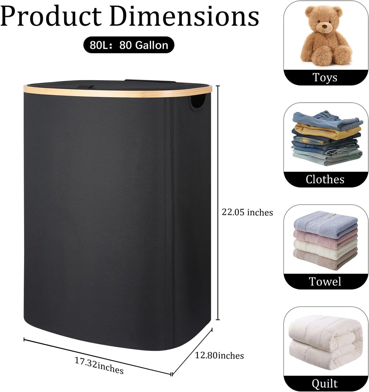 Slim Laundry Basket with Lid, 80L Narrow Laundry Hamper with Removable Bag, Clothes Hampers for Laundry with Bamboo Handles for Bathroom, Bedroom, Dorm & Laundry Room