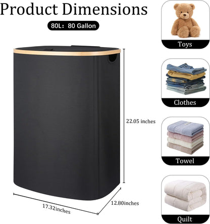 Slim Laundry Basket with Lid, 80L Narrow Laundry Hamper with Removable Bag, Clothes Hampers for Laundry with Bamboo Handles for Bathroom, Bedroom, Dorm & Laundry Room