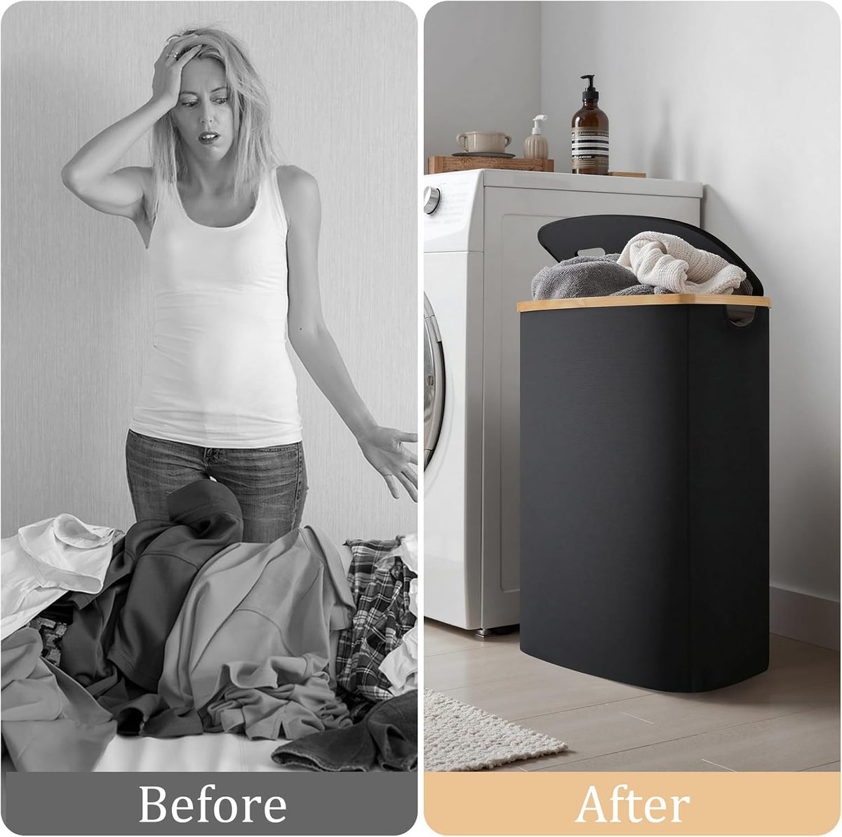 Slim Laundry Basket with Lid, 80L Narrow Laundry Hamper with Removable Bag, Clothes Hampers for Laundry with Bamboo Handles for Bathroom, Bedroom, Dorm & Laundry Room