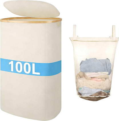 Slim Laundry Basket with Lid, 80L Narrow Laundry Hamper with Removable Bag, Clothes Hampers for Laundry with Bamboo Handles for Bathroom, Bedroom, Dorm & Laundry Room