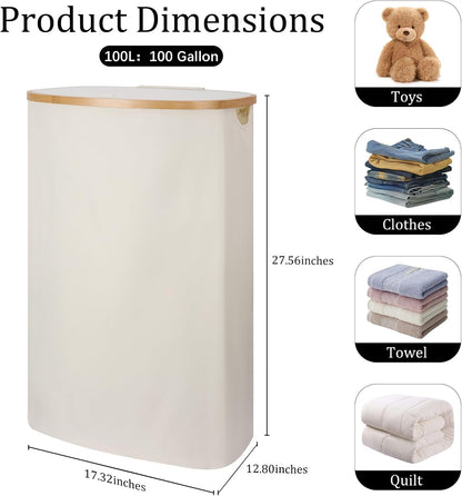 Slim Laundry Basket with Lid, 80L Narrow Laundry Hamper with Removable Bag, Clothes Hampers for Laundry with Bamboo Handles for Bathroom, Bedroom, Dorm & Laundry Room