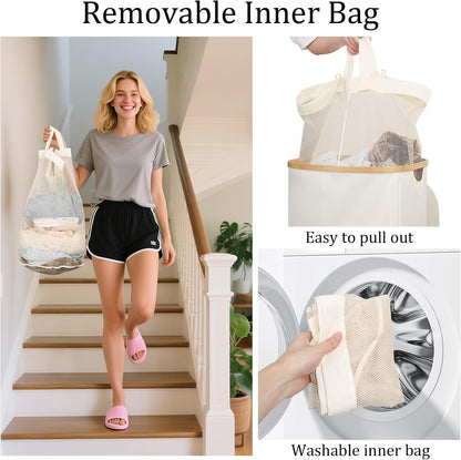 Slim Laundry Basket with Lid, 80L Narrow Laundry Hamper with Removable Bag, Clothes Hampers for Laundry with Bamboo Handles for Bathroom, Bedroom, Dorm & Laundry Room
