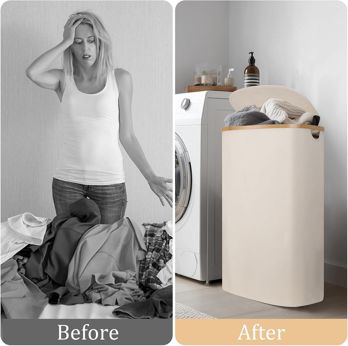 Slim Laundry Basket with Lid, 80L Narrow Laundry Hamper with Removable Bag, Clothes Hampers for Laundry with Bamboo Handles for Bathroom, Bedroom, Dorm & Laundry Room