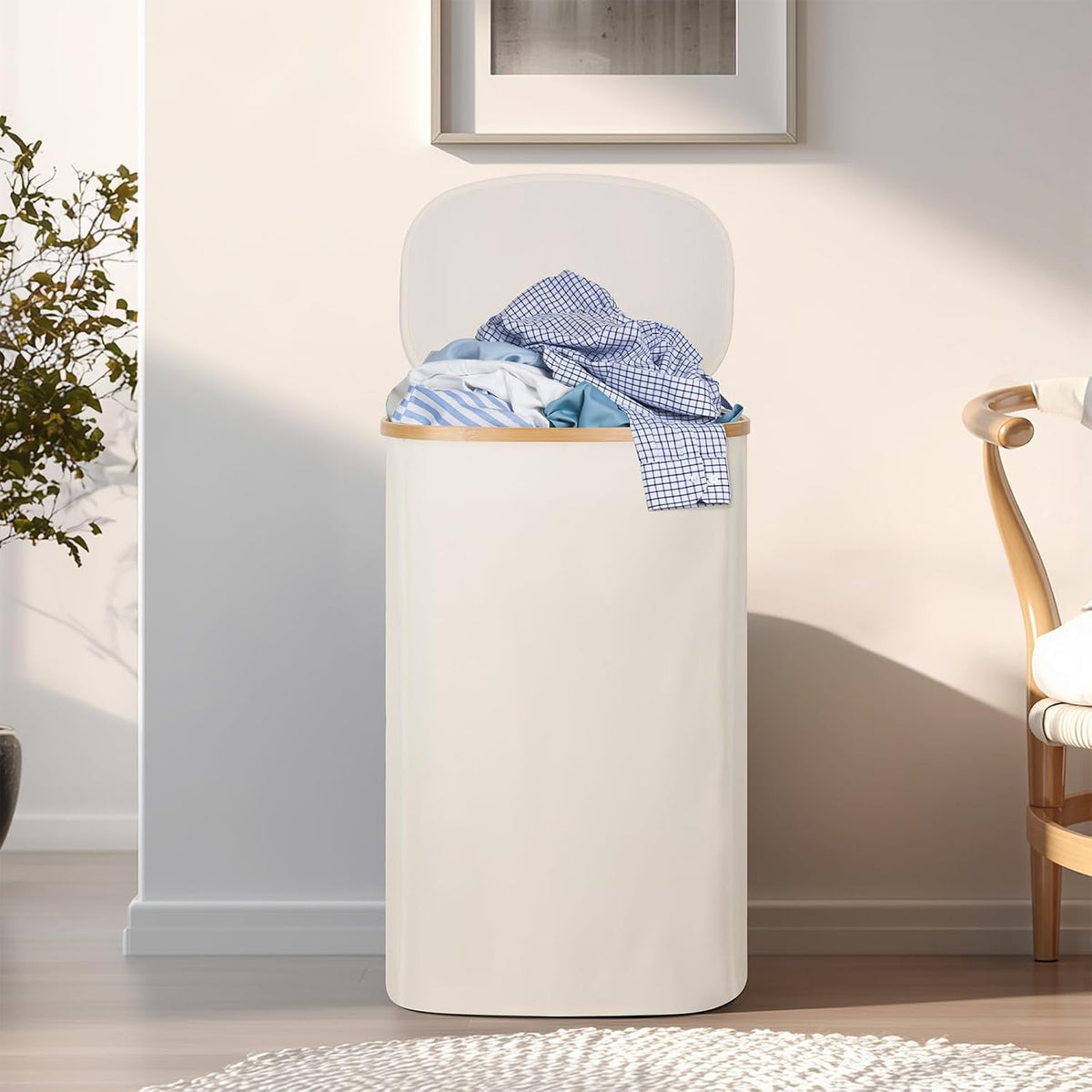 Slim Laundry Basket with Lid, 80L Narrow Laundry Hamper with Removable Bag, Clothes Hampers for Laundry with Bamboo Handles for Bathroom, Bedroom, Dorm & Laundry Room