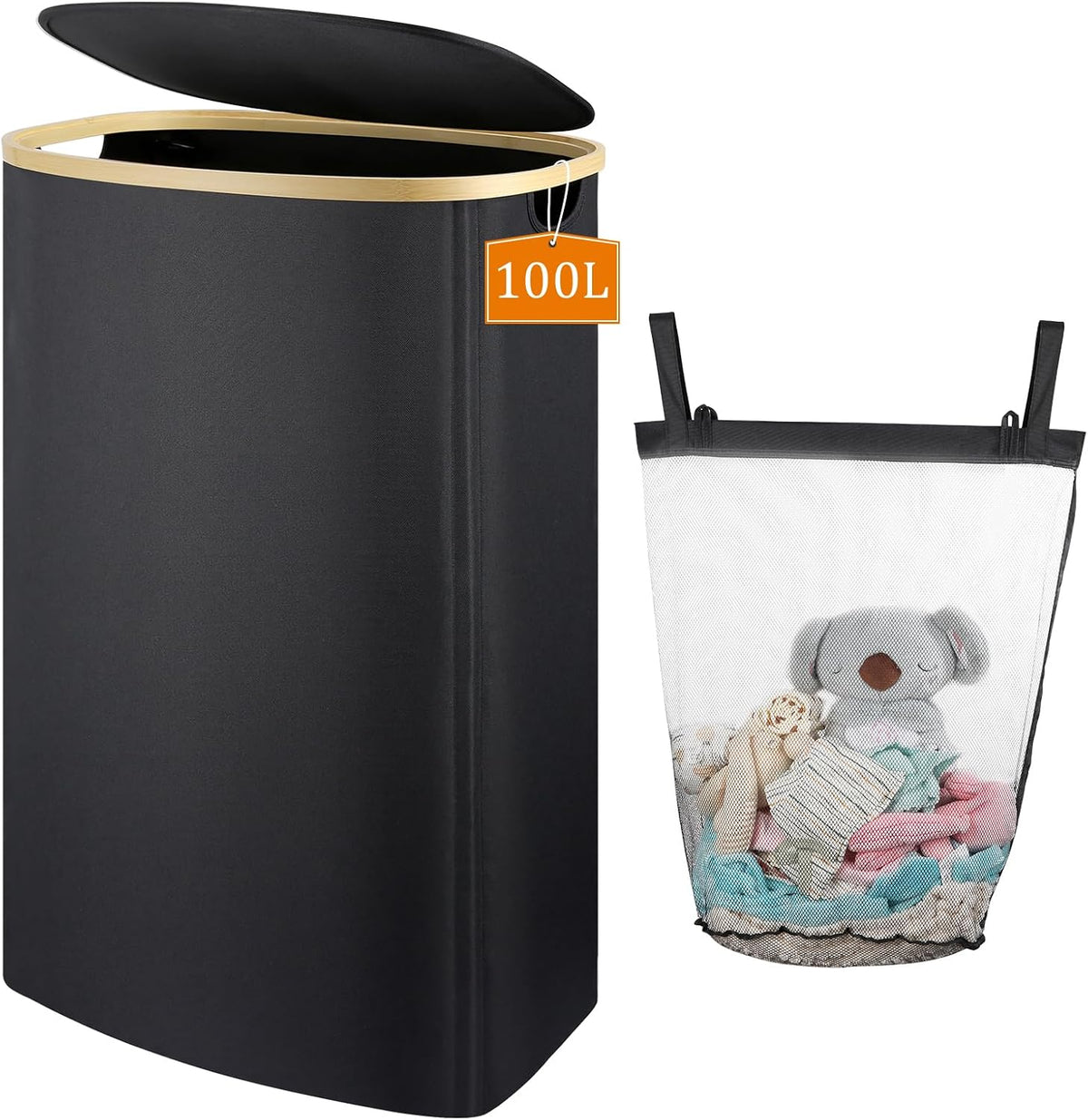 Slim Laundry Basket with Lid, 80L Narrow Laundry Hamper with Removable Bag, Clothes Hampers for Laundry with Bamboo Handles for Bathroom, Bedroom, Dorm & Laundry Room