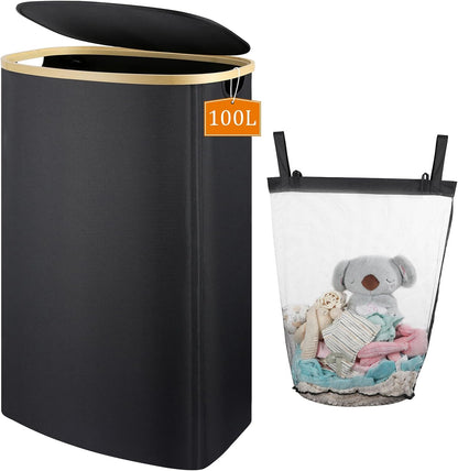 Slim Laundry Basket with Lid, 80L Narrow Laundry Hamper with Removable Bag, Clothes Hampers for Laundry with Bamboo Handles for Bathroom, Bedroom, Dorm & Laundry Room