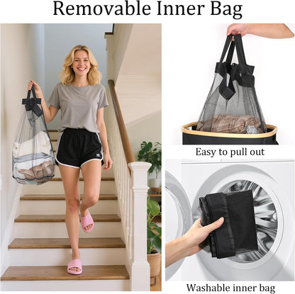 Slim Laundry Basket with Lid, 80L Narrow Laundry Hamper with Removable Bag, Clothes Hampers for Laundry with Bamboo Handles for Bathroom, Bedroom, Dorm & Laundry Room