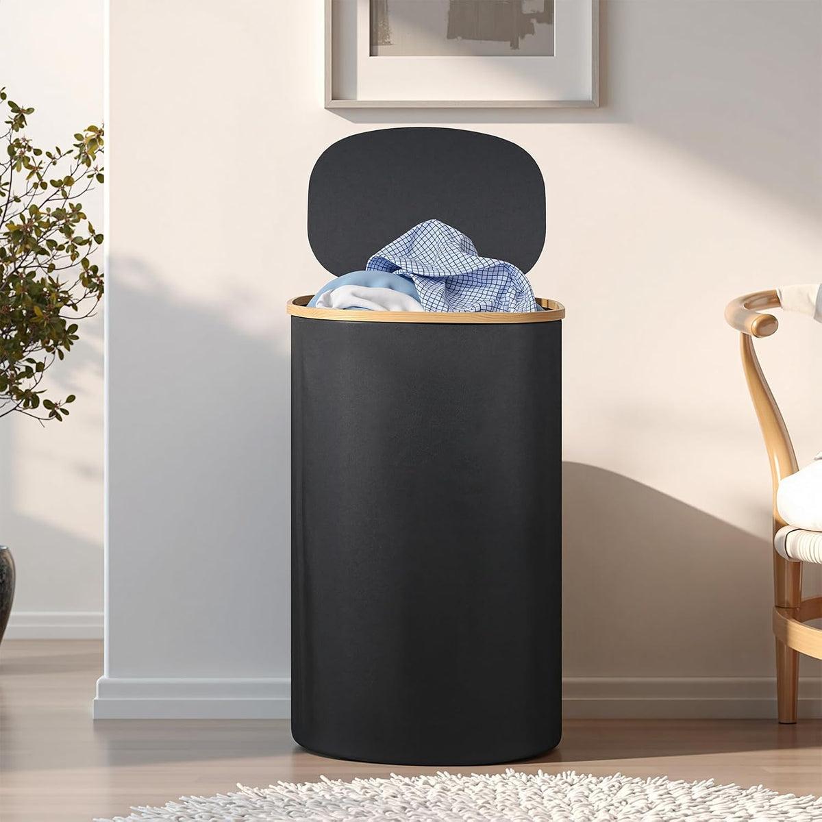 Slim Laundry Basket with Lid, 80L Narrow Laundry Hamper with Removable Bag, Clothes Hampers for Laundry with Bamboo Handles for Bathroom, Bedroom, Dorm & Laundry Room