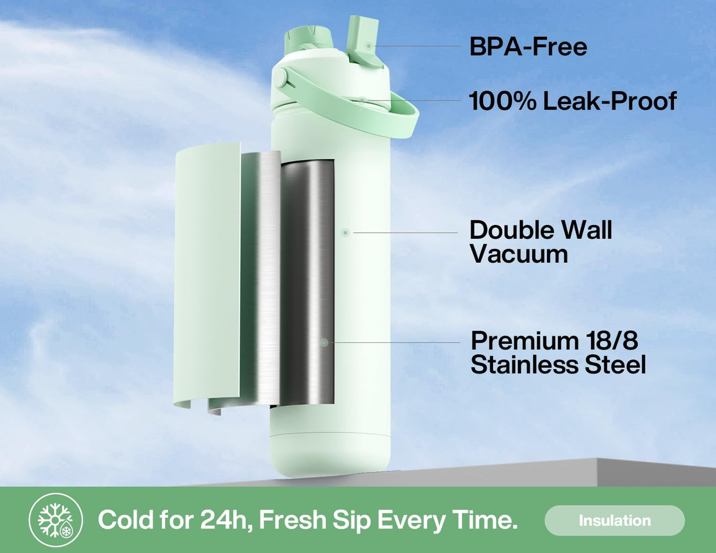 26 oz Insulated Water Bottle with 2-in-1 Straw and Spout Lid, Keep Cold 24H, Leak-Proof, Fits in Car Cup Holder, Stainless Steel Water Bottle for Sports, Gym, Travel, and School (Mousse) - Colors B