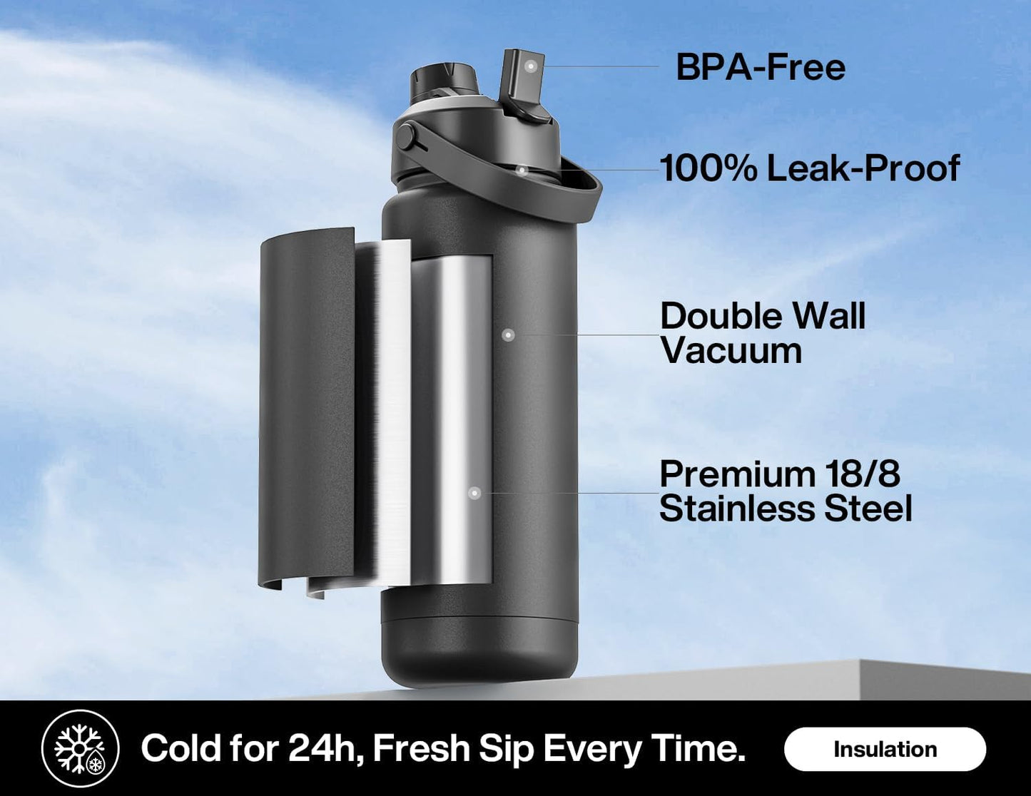 26 oz Insulated Water Bottle with 2-in-1 Straw and Spout Lid, Keep Cold 24H, Leak-Proof, Fits in Car Cup Holder, Stainless Steel Water Bottle for Sports, Gym, Travel, and School (Mousse) - Colors B