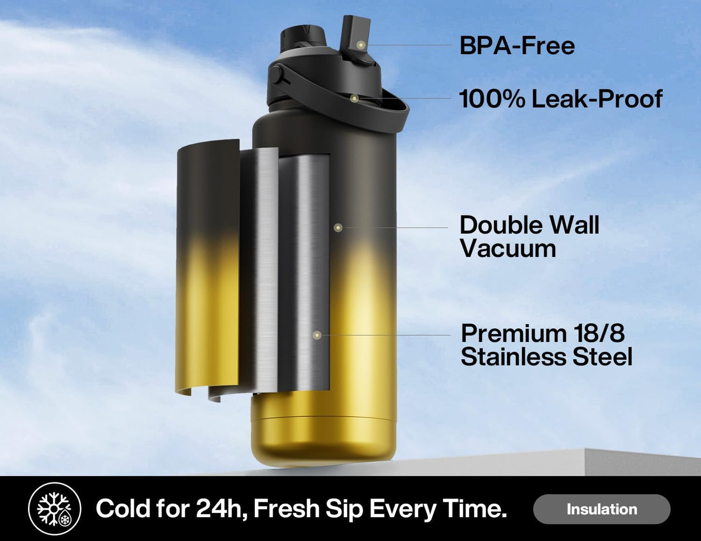 26 oz Insulated Water Bottle with 2-in-1 Straw and Spout Lid, Keep Cold 24H, Leak-Proof, Fits in Car Cup Holder, Stainless Steel Water Bottle for Sports, Gym, Travel, and School (Mousse) - Colors B