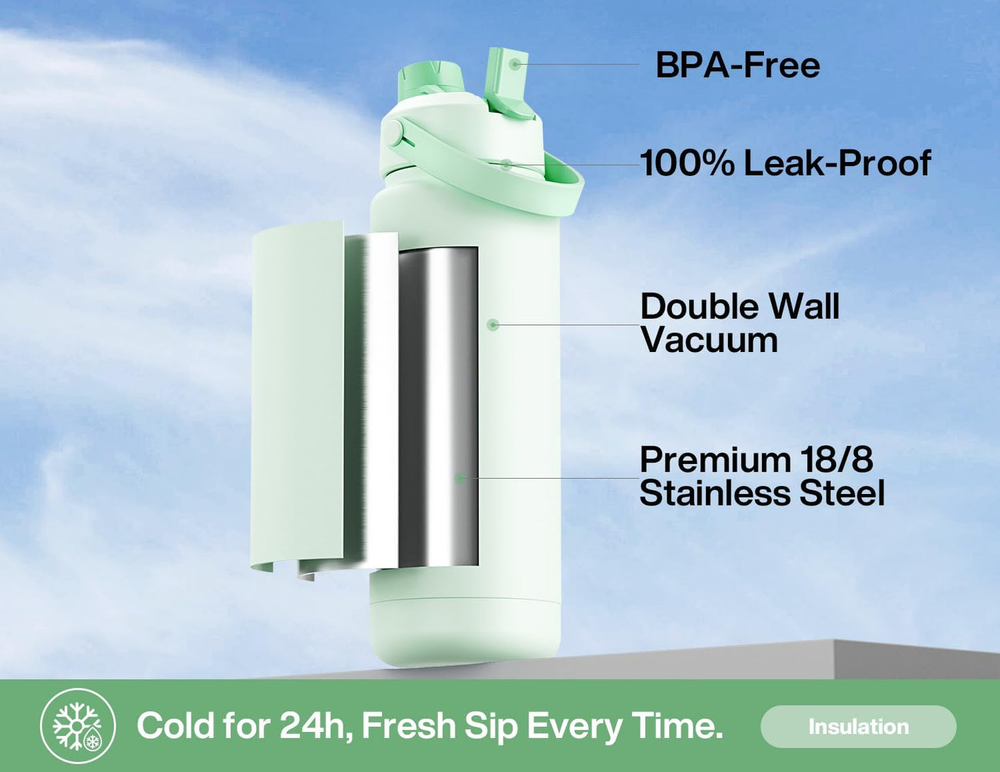 26 oz Insulated Water Bottle with 2-in-1 Straw and Spout Lid, Keep Cold 24H, Leak-Proof, Fits in Car Cup Holder, Stainless Steel Water Bottle for Sports, Gym, Travel, and School (Mousse) - Colors B