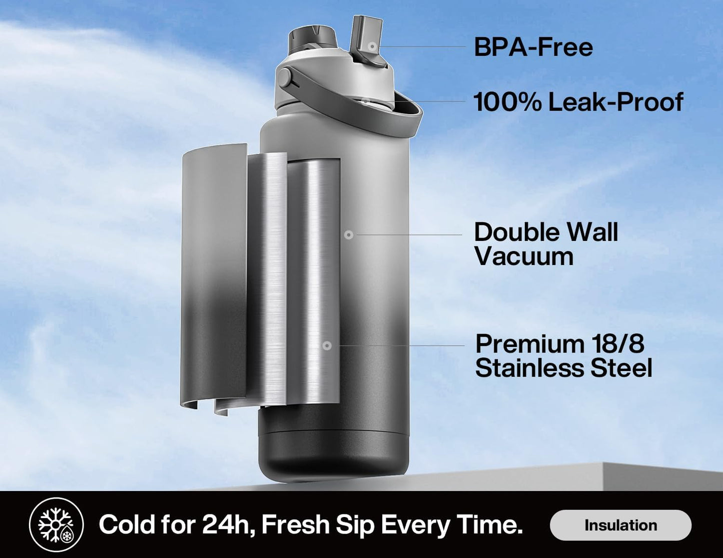 26 oz Insulated Water Bottle with 2-in-1 Straw and Spout Lid, Keep Cold 24H, Leak-Proof, Fits in Car Cup Holder, Stainless Steel Water Bottle for Sports, Gym, Travel, and School (Mousse) - Colors B