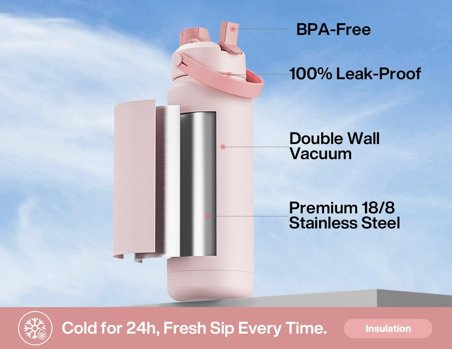 26 oz Insulated Water Bottle with 2-in-1 Straw and Spout Lid, Keep Cold 24H, Leak-Proof, Fits in Car Cup Holder, Stainless Steel Water Bottle for Sports, Gym, Travel, and School (Mousse) - Colors B