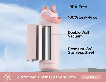 26 oz Insulated Water Bottle with 2-in-1 Straw and Spout Lid, Keep Cold 24H, Leak-Proof, Fits in Car Cup Holder, Stainless Steel Water Bottle for Sports, Gym, Travel, and School (Mousse) - Colors B