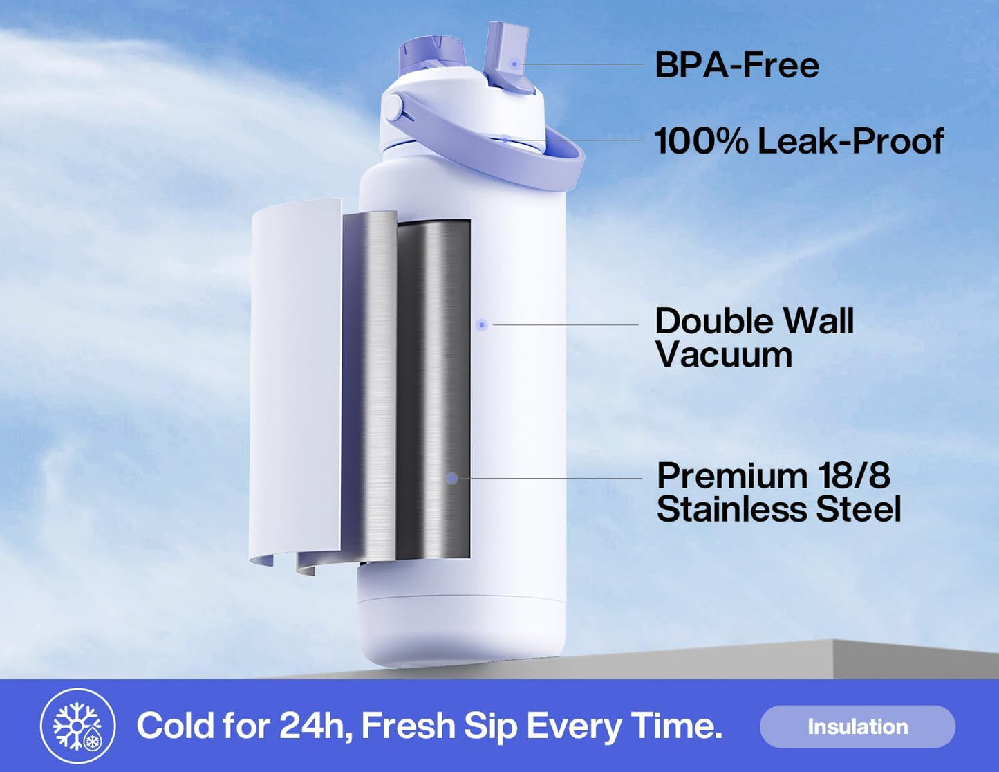 26 oz Insulated Water Bottle with 2-in-1 Straw and Spout Lid, Keep Cold 24H, Leak-Proof, Fits in Car Cup Holder, Stainless Steel Water Bottle for Sports, Gym, Travel, and School (Mousse) - Colors B