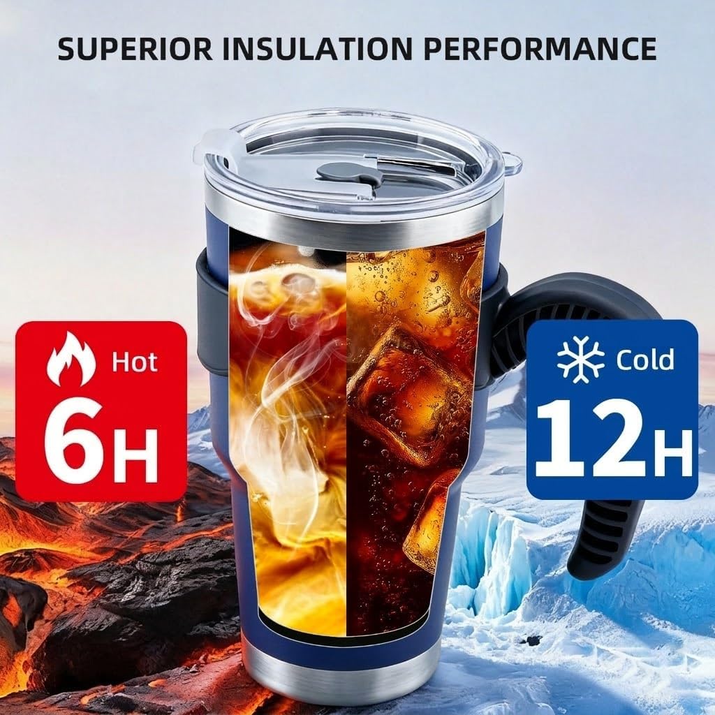 30oz Insulated Tumbler with Handle and Straw Stainless Steel Mug,Silver | Double Wall Vacuum Cup for Hot and Cold Beverages, Leak-Proof and Zero Condensation Design for Commute, Office, and Travel