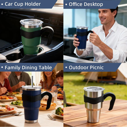 30oz Insulated Tumbler with Handle and Straw Stainless Steel Mug,Silver | Double Wall Vacuum Cup for Hot and Cold Beverages, Leak-Proof and Zero Condensation Design for Commute, Office, and Travel