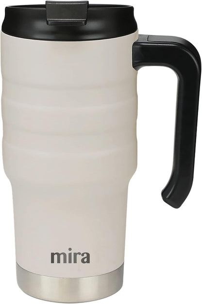 20 oz Insulated Travel Mug - Stainless Steel Coffee Cup with Spill-Proof Flip Lid & Handle - Hot/Cold Car Tumbler - White