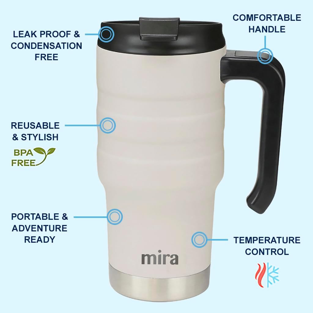 20 oz Insulated Travel Mug - Stainless Steel Coffee Cup with Spill-Proof Flip Lid & Handle - Hot/Cold Car Tumbler - White