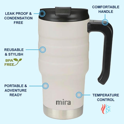 20 oz Insulated Travel Mug - Stainless Steel Coffee Cup with Spill-Proof Flip Lid & Handle - Hot/Cold Car Tumbler - White