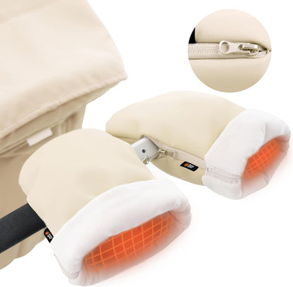 Stroller Gloves Hand Muff - Supersoft Fleece-Lined Faux-Leather Stroller Mittens, Water-Resistant & Universal with Side Zippers