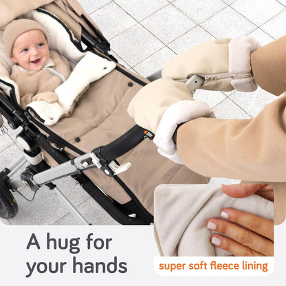 Stroller Gloves Hand Muff - Supersoft Fleece-Lined Faux-Leather Stroller Mittens, Water-Resistant & Universal with Side Zippers