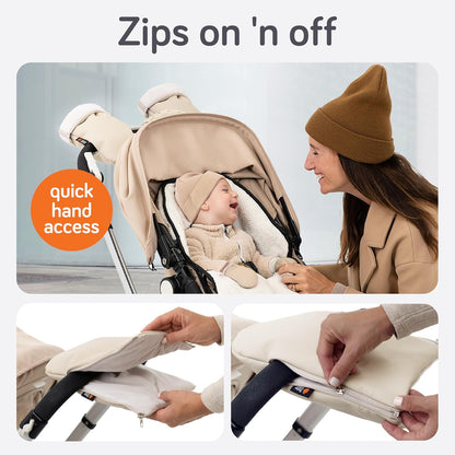 Stroller Gloves Hand Muff - Supersoft Fleece-Lined Faux-Leather Stroller Mittens, Water-Resistant & Universal with Side Zippers