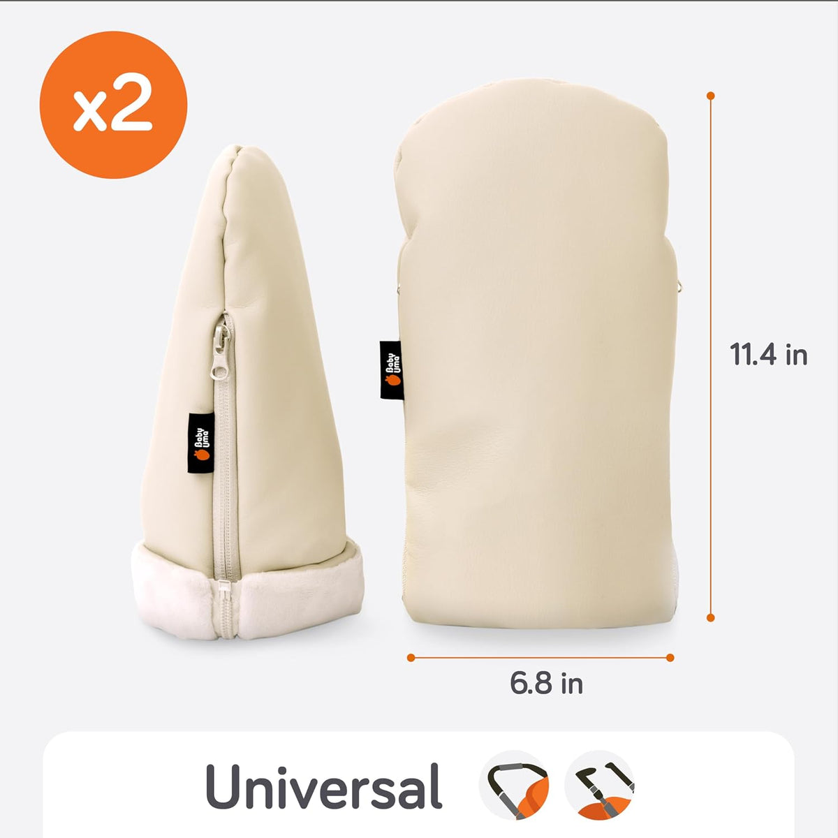 Stroller Gloves Hand Muff - Supersoft Fleece-Lined Faux-Leather Stroller Mittens, Water-Resistant & Universal with Side Zippers
