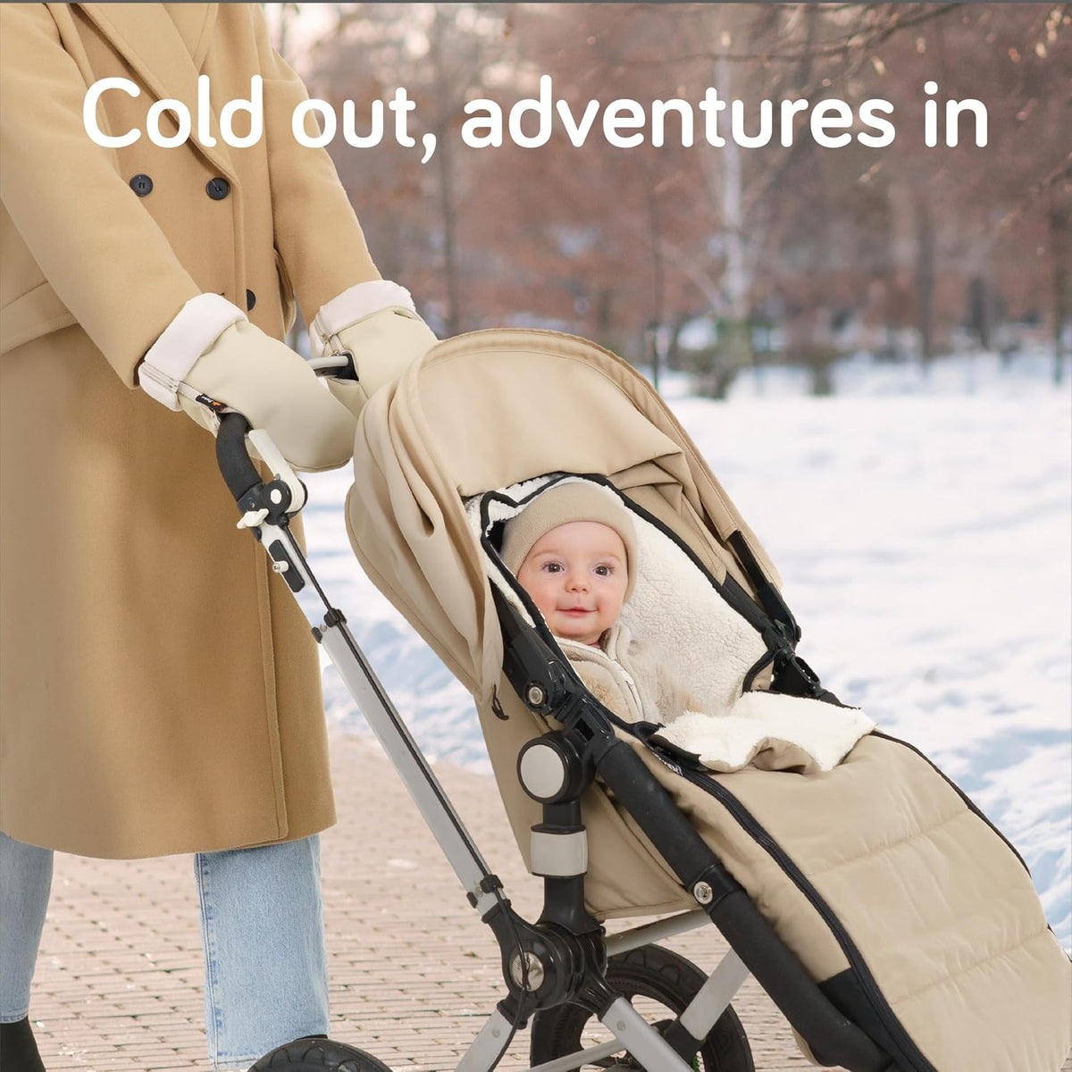 Stroller Gloves Hand Muff - Supersoft Fleece-Lined Faux-Leather Stroller Mittens, Water-Resistant & Universal with Side Zippers