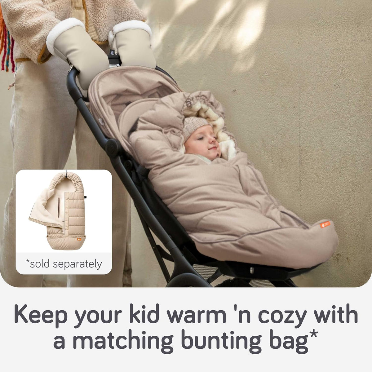 Stroller Gloves Hand Muff - Supersoft Fleece-Lined Faux-Leather Stroller Mittens, Water-Resistant & Universal with Side Zippers