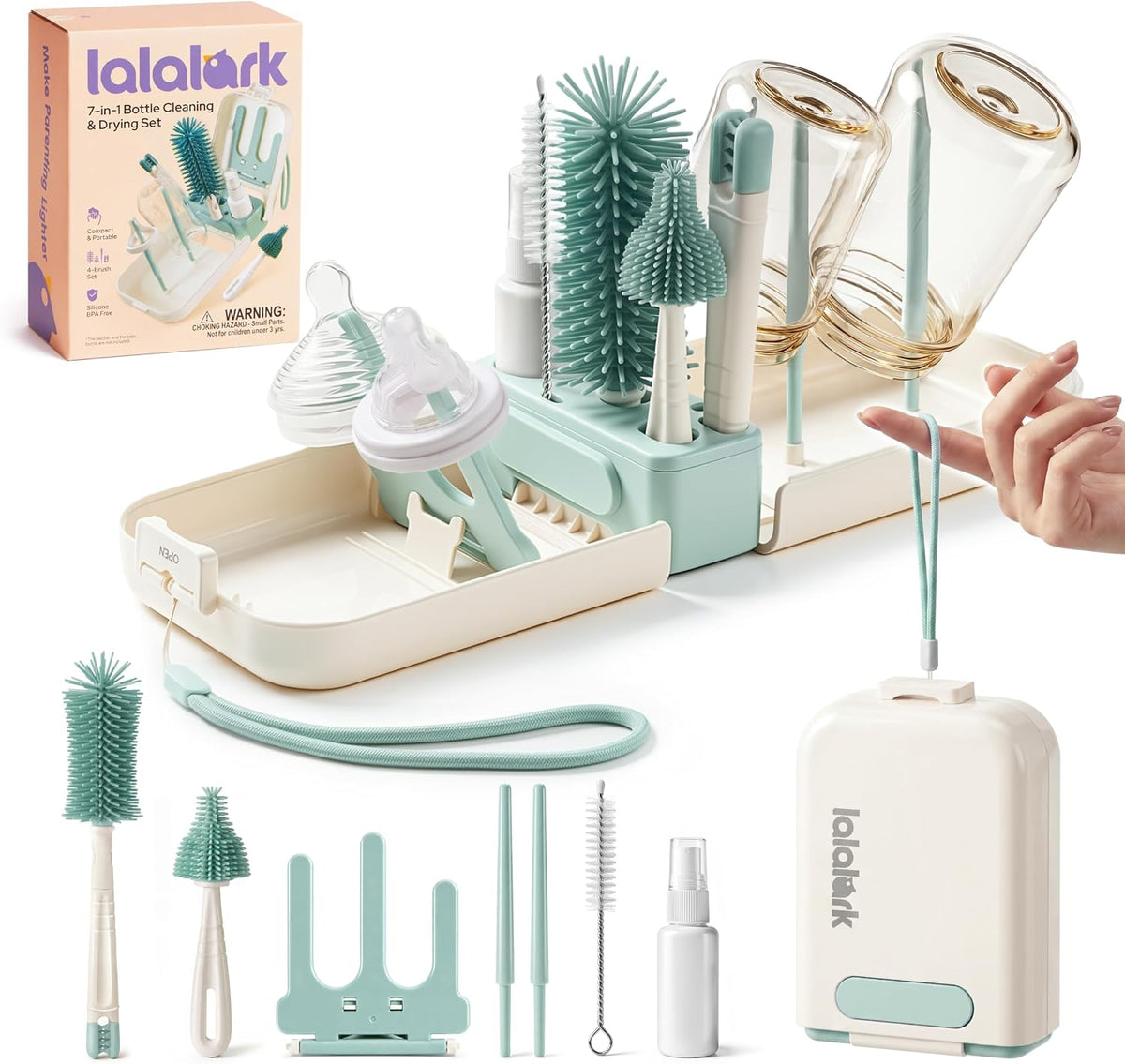 7-in-1 Travel Baby Bottle Cleaning Kit, Silicone Brush Tools, Mint