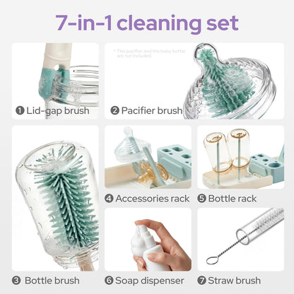 7-in-1 Travel Baby Bottle Cleaning Kit, Silicone Brush Tools, Mint