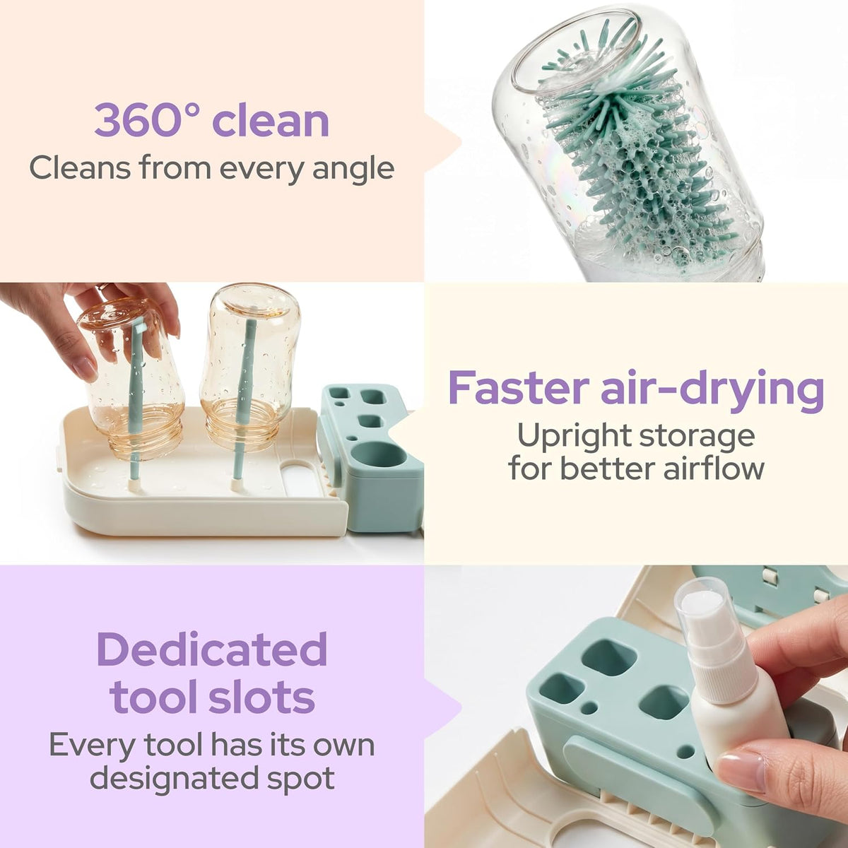 7-in-1 Travel Baby Bottle Cleaning Kit, Silicone Brush Tools, Mint